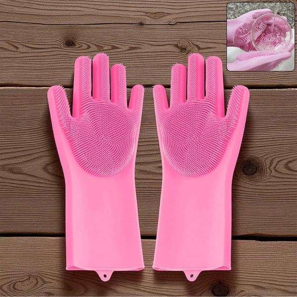 Reusable Silicone Cleaning Brush Scrubber Gloves (Multicolor)