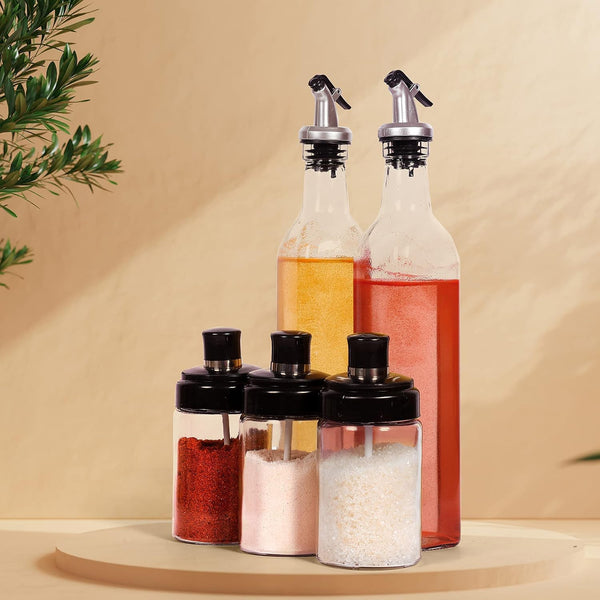 Transparent Glass Oil Dispenser 500 ML Bottle Set of 2, Spice Jar 250 ML Set of 3, Oil Bottle for Kitchen, Oil & Vinegar Storage Glass Bottle, Glass Container for Spice, Masala (5 Pcs Set)