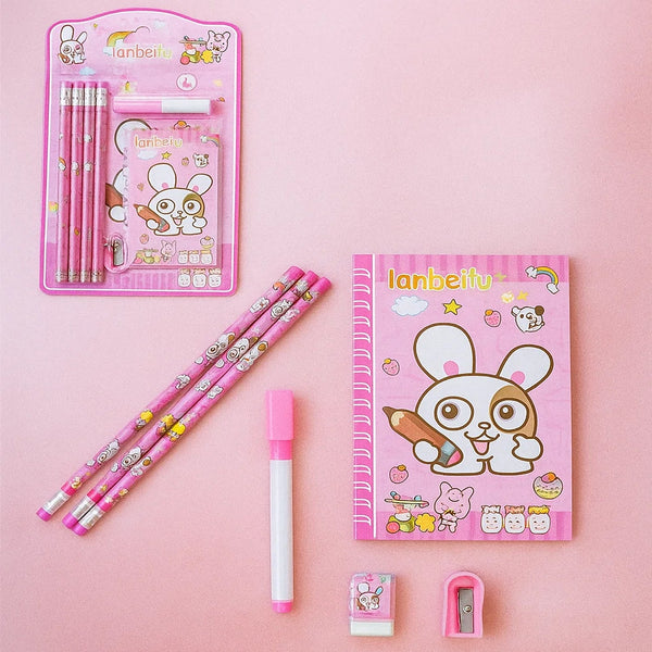Kids' Stationery Kit: Wooden Pencils, Sharpener, Eraser, Diary (8 Pc Set)