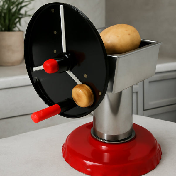 Stainless Steel Chips Maker and Vegetable Slicer for Kitchen Potato Slicer Graters and Chippers. Chips Maker is Suitable for Vegetable Cuttings. Chips Maker Consist Hard Coated Iron Wheel and Stand.