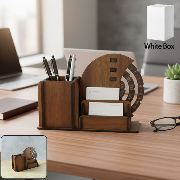 Wooden desk organizer stand with rotating calendar